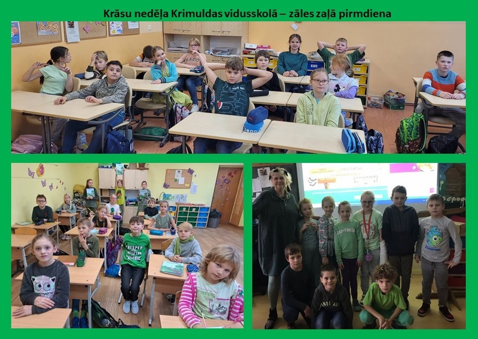 Pedagogi un skolēni zaļas krāsas drēbēs 
