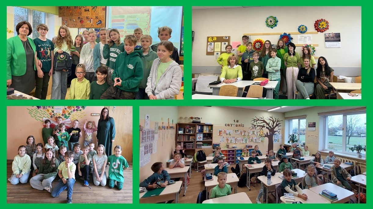 Pedagogi un skolēni zaļas krāsas drēbēs