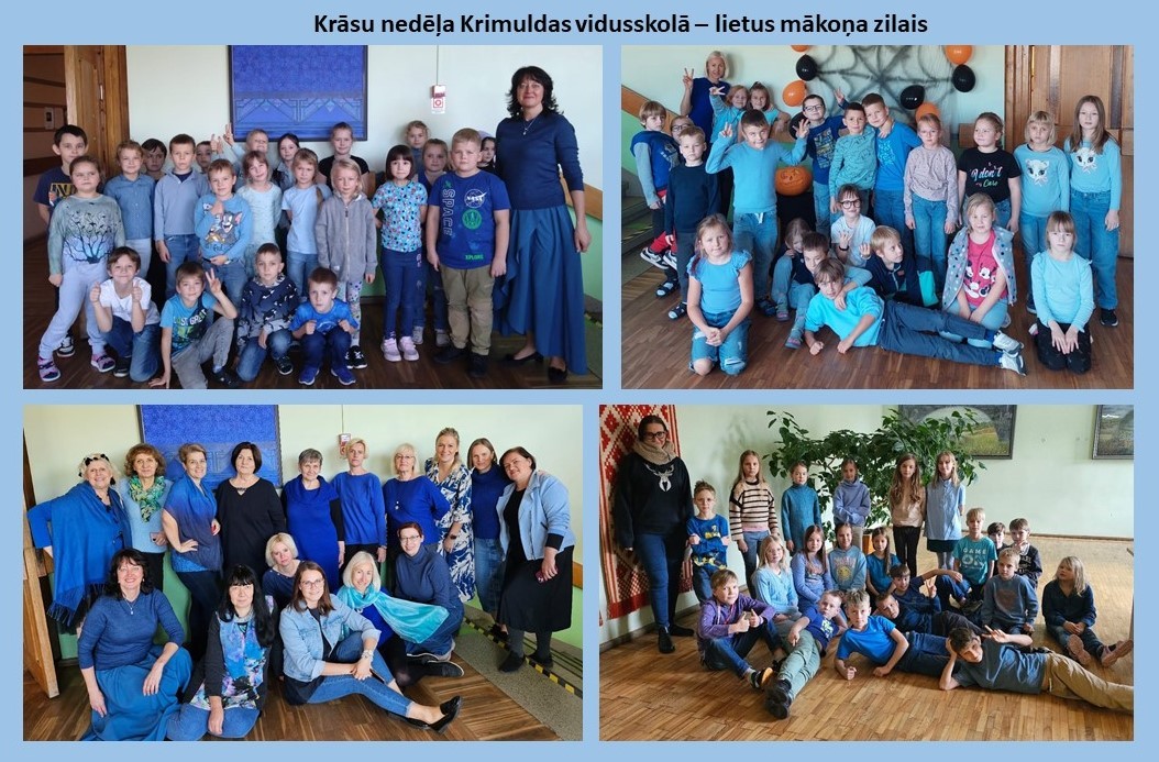 Skolotāji un izglītojamie saģērbušies zilā krāsā