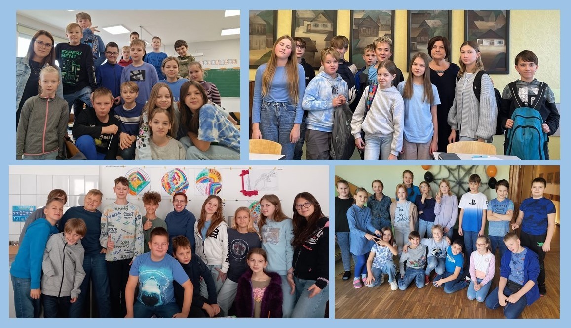 Skolotāji un izglītojamie saģērbušies zilā krāsā
