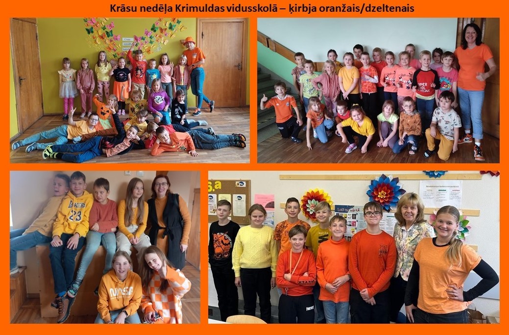 Skolotāji un izglītojamie saģērbušies oranžās krāsās